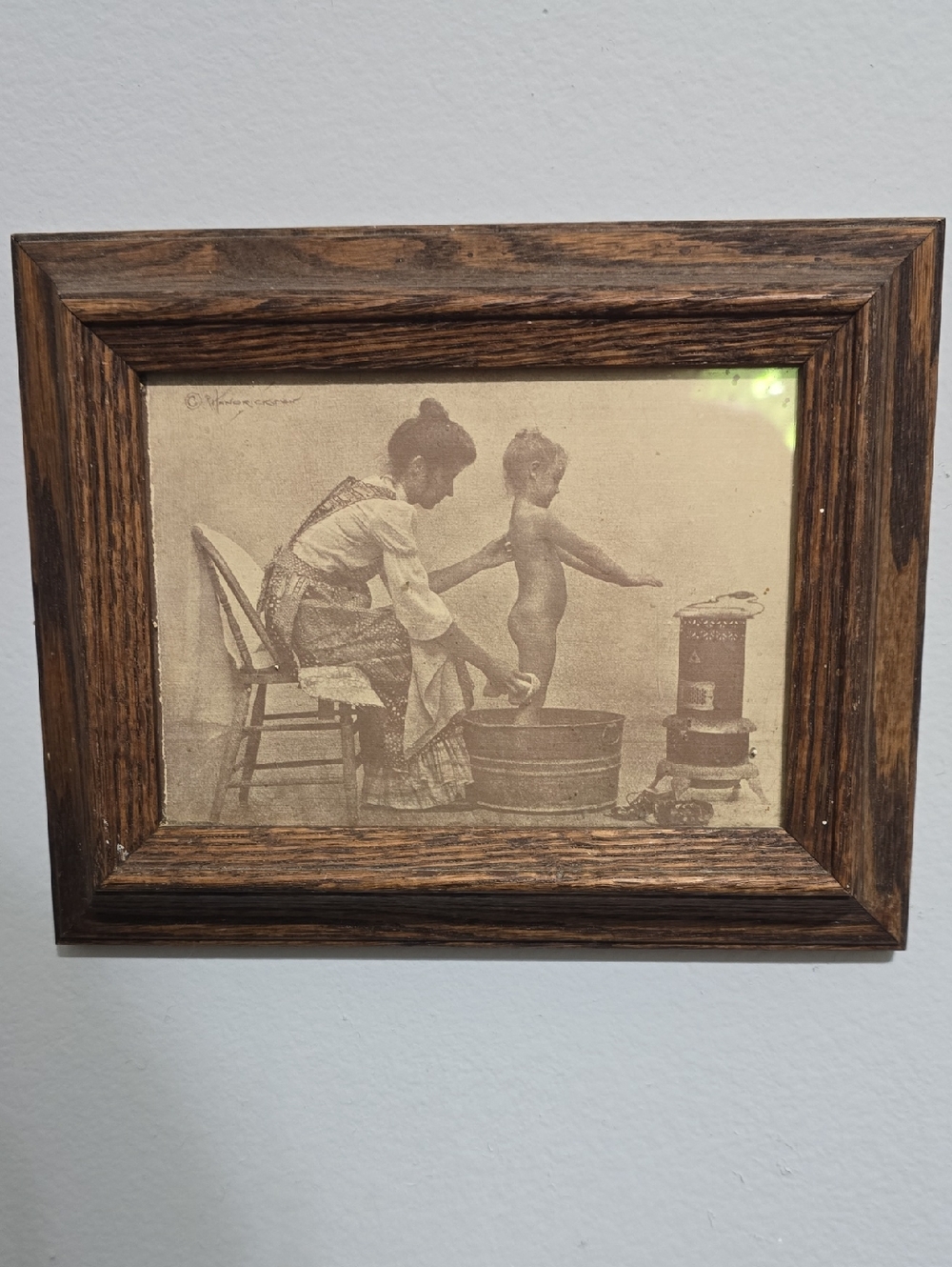 Vintage Wood Framed Sepia Print - Mother Bathing Child